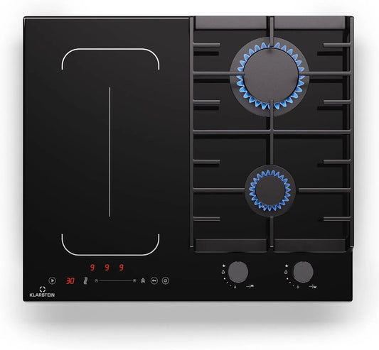 Klarstein 7Kw Plaque à induction, 58, 5Cm, 4 foyers, table de cuisson à induction, zone flexible, minuteur, fonte, noir, Flexzone, 4 Zones, 2 Gaz & 2