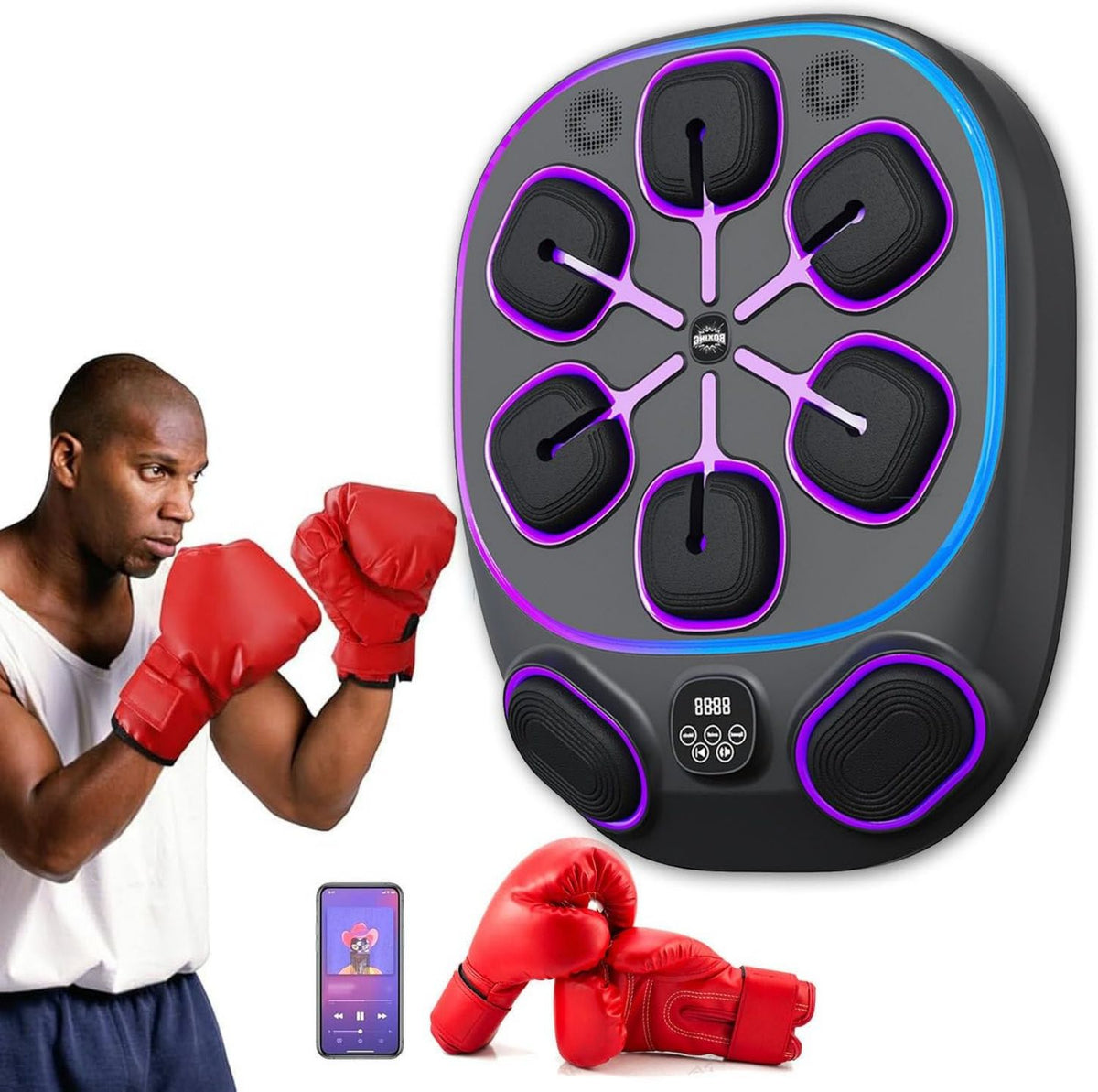Machine de boxe musicale - avec gants de boxe, affichage LED, avec écran, 60 x 48 cm, 9 Modes