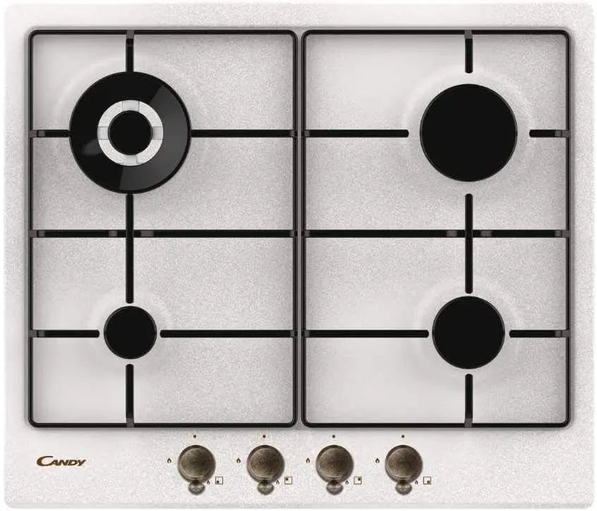 Candy CHW6BRAV4WGT Lave-vaisselle, 59, 5 x 51 x 3, 8 cm, 4 foyers, gril, acier inoxydable, Classic Plateau de cuisson à gaz 4 feux, couleur avoine