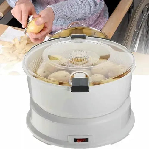 Éplucheur de pommes de terre électrique, Capacité de 1 kg équipé de récipient, verrouillage de sécurité rotatif, sans gâchis et shaker avec de l'eau