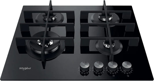 Whirlpool GOWL628NB Plaque de cuisson à gaz, 60 cm, encastrable, table de cuisson à gaz, noir, 59 cm de large, 4 brûleurs
