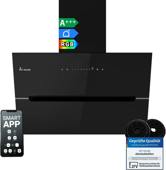 Hotte aspirante ECCO6005SM, 60 cm, 782 m3/h, hotte de cuisine, éclairage LED, installation murale, Wi-Fi, noir, Sans tête, Montage mural, Verre noir