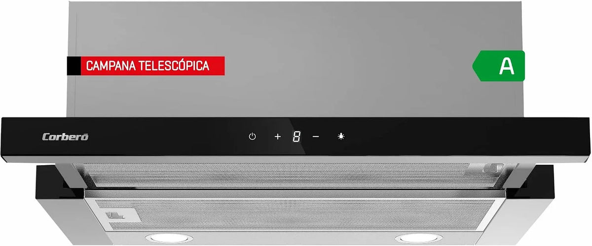 Hotte aspirante ANETO960x m3/h, 90 cm, 165 W, 600 m3/h, hotte de cuisine, 3 vitesses, noir, Filtre aluminium 3 couches, Corberó - Hotte télescopique