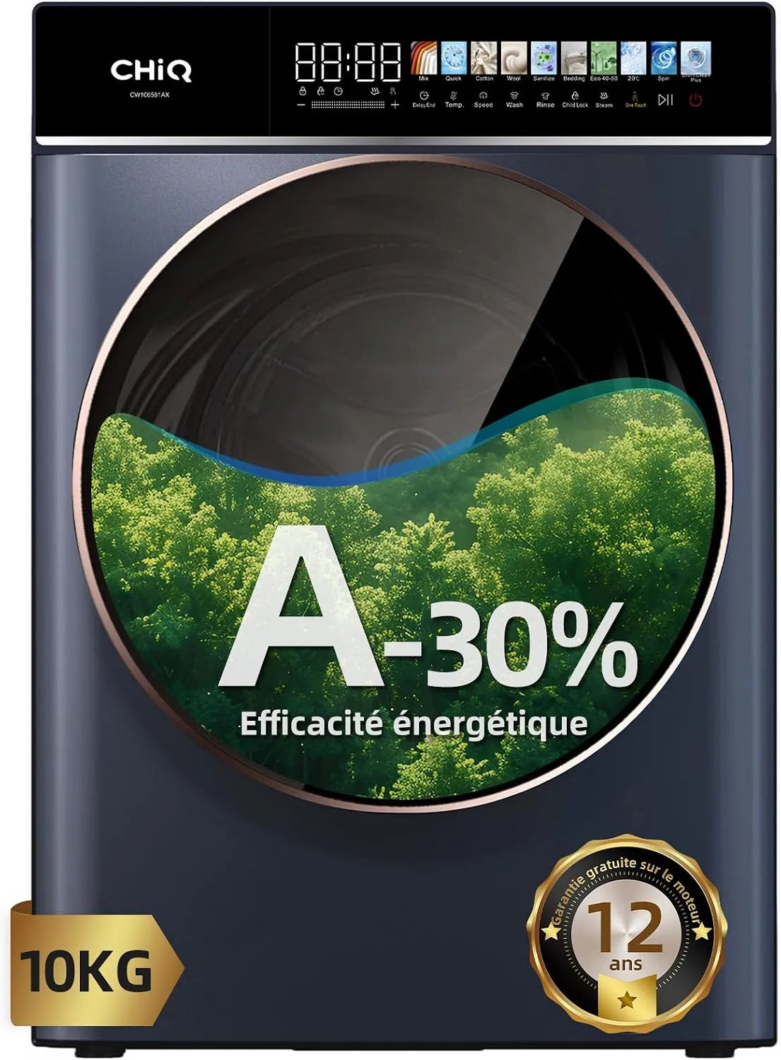 Lave-linge, 10 kg, classe énergétique A, CHiQ CW106581Ax, tactile, Inverter, vapeur, gris, 1400 T, min, 580mm, Programme Literie, Nettoyage Tambour+