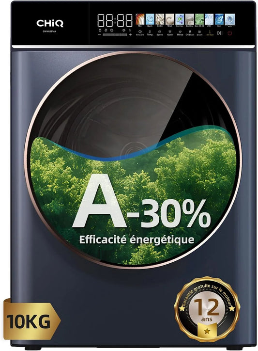 Lave-linge, 10 kg, classe énergétique A, CHiQ CW106581Ax, tactile, Inverter, vapeur, gris, 1400 T, min, 580mm, Programme Literie, Nettoyage Tambour+