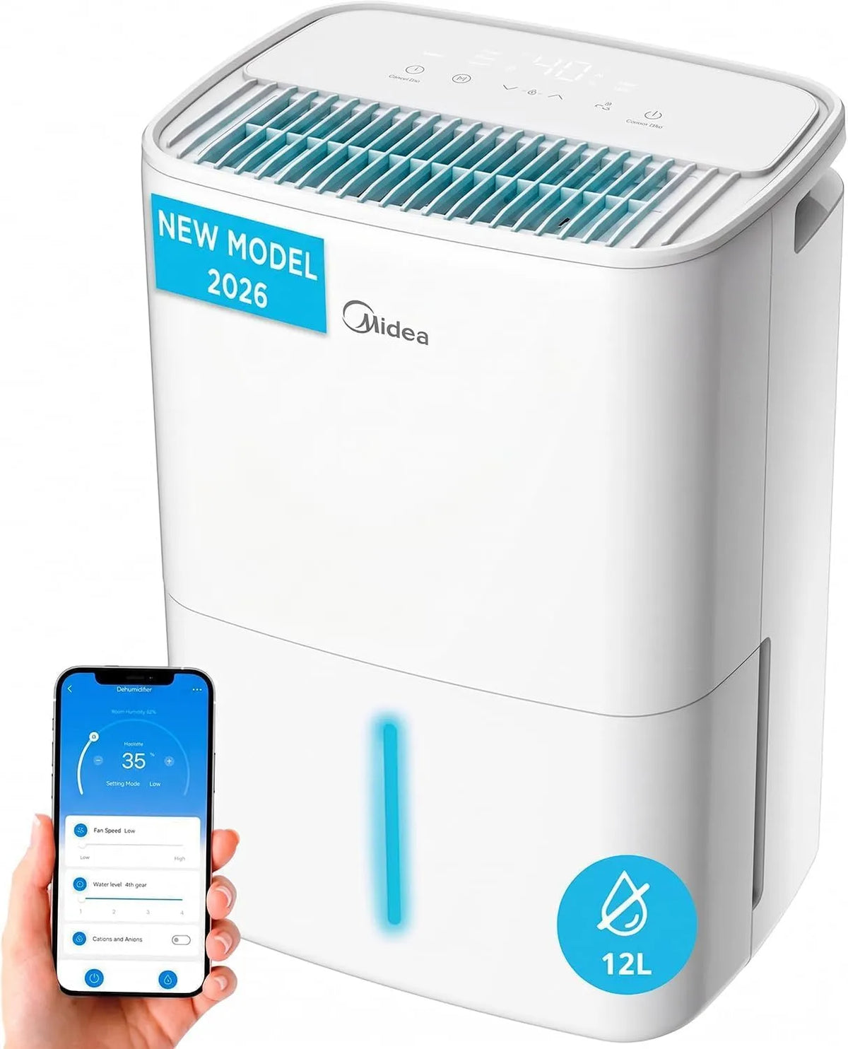 Déshumidificateur, 12 L, Compresseur Intelligent et APP, Idéal pour 35m2, MIDEA Deshumidificateur d air Anti Moisissure 12L - Compresseur Intelligent