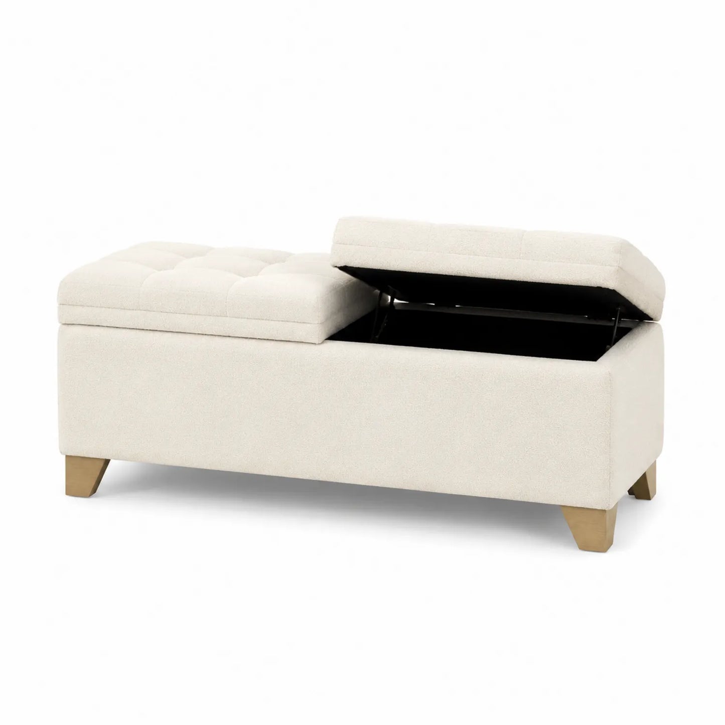 Banc de rangement en tissu beige avec pieds en bois
