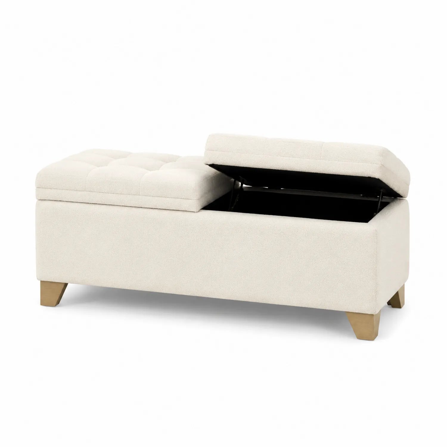 Banc de rangement en tissu beige avec pieds en bois