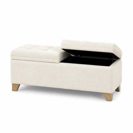 Banc de rangement en tissu beige avec pieds en bois