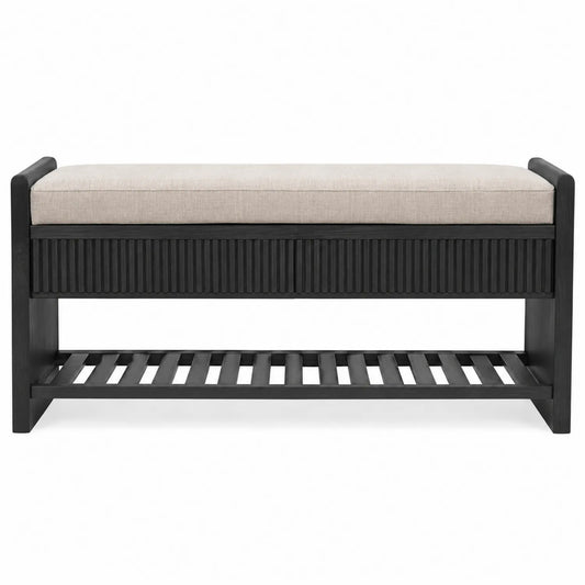 Banc en bois noir avec coussin beige et étagère 120x40x45 cm