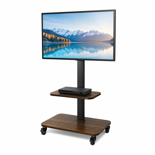 Support TV avec étagères en bois et cadre en métal noir