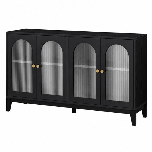 Buffet en Bois avec Portes en Verre Cannelé Noir