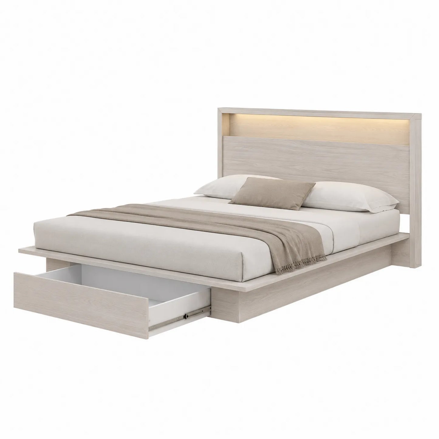 Lit double en bois clair avec rangement et éclairage LED 140x200 cm