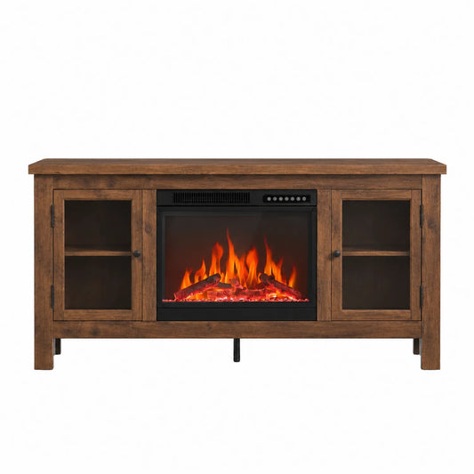 Meuble TV avec cheminée électrique en bois et verre