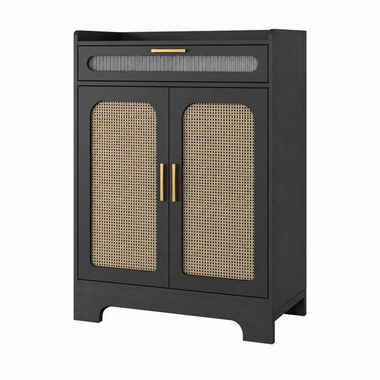 Buffet en bois et rotin noir avec portes en maille 85x40x120 cm
