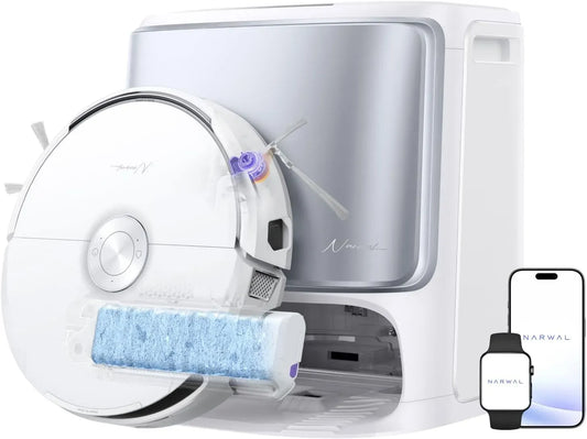 Robot aspirateur, NARWAL Tout-en-1, 22 000 Pa Serpillière Rouleau, 80℃ Lavage et 45℃ Séchage, Reconnaît 200+ Objets, 2 Caméras IA