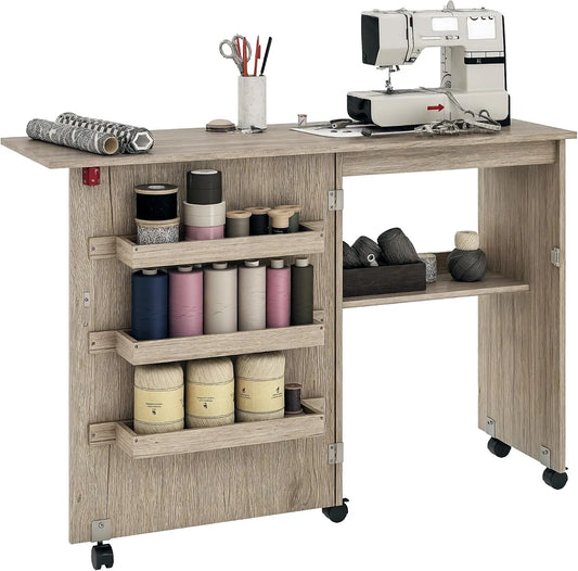Machine à Coudre, Étagère, Table, machine à coudre électrique, 117x40x77,5cm, 5 cm, roulettes de déplacement, décoration de salon, bois, HOMCOM