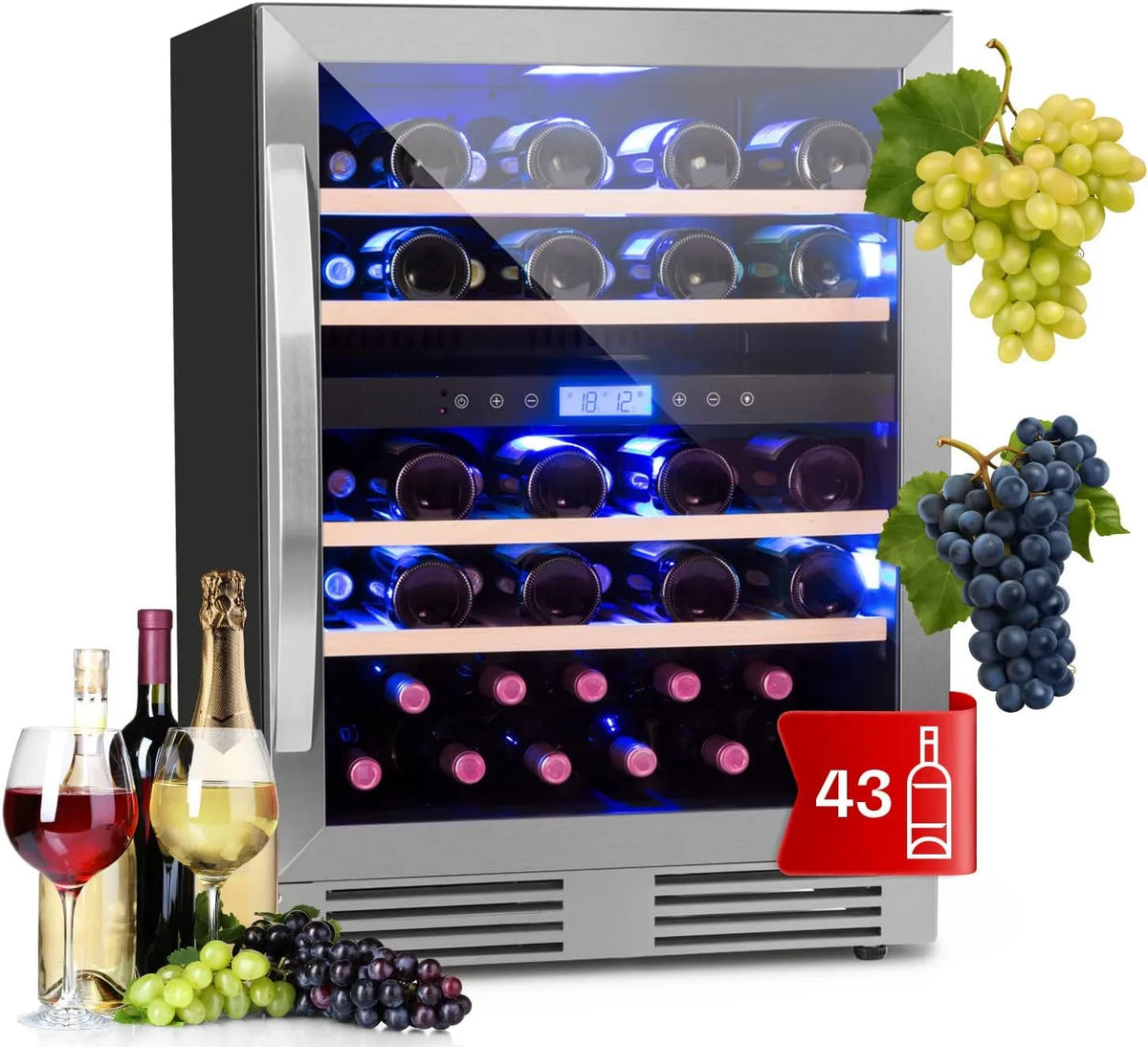 Klarstein Cave à vin électrique, 129 L, 43 bouteilles, encastrable, Bar Int, Ext, Caves à Vin de Conservation de 129L, Porte en Verre, à Double Zone
